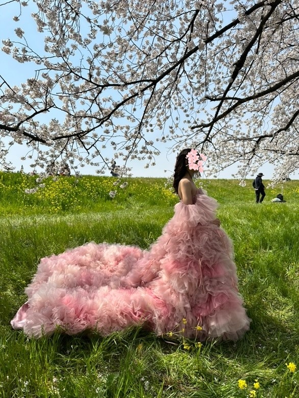 実例写真！カラードレス ピンク グラデーション ベアトップ パフスリーブ もこもこドレス 華やかなトレーン 花嫁