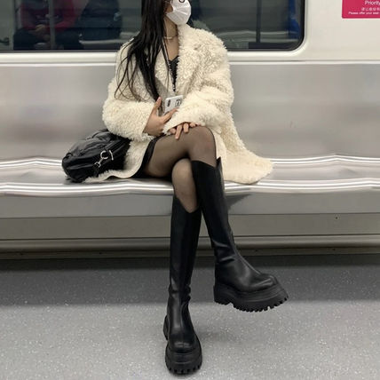 ロングブーツ 厚底 2色 タンクソール プラットフォーム プラットフォーム プレーントゥ ラウンドトゥ ラバーソール ストリート 無地 フェイクレザー パーティースタイル 厚底 オフィススタイル