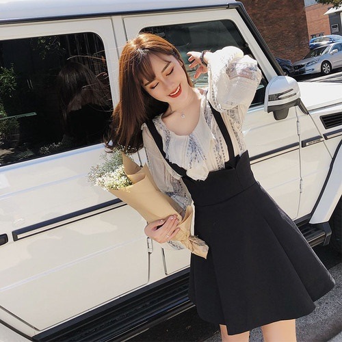 3227.フェミニンなサスペンダースカート（ブラック）2019 春夏 sale 無地 カジュアル かわいい