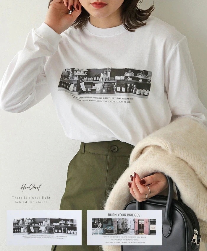 フォトプリント ロゴ ロン トップス カットソー ｔシャツ 長袖 ロゴｔ フォトｔ レディース 春 秋冬 クルーネック 丸首 ロング ゆったり 大きめ 大きいサイズ 写真プリント カラフル モノトーン