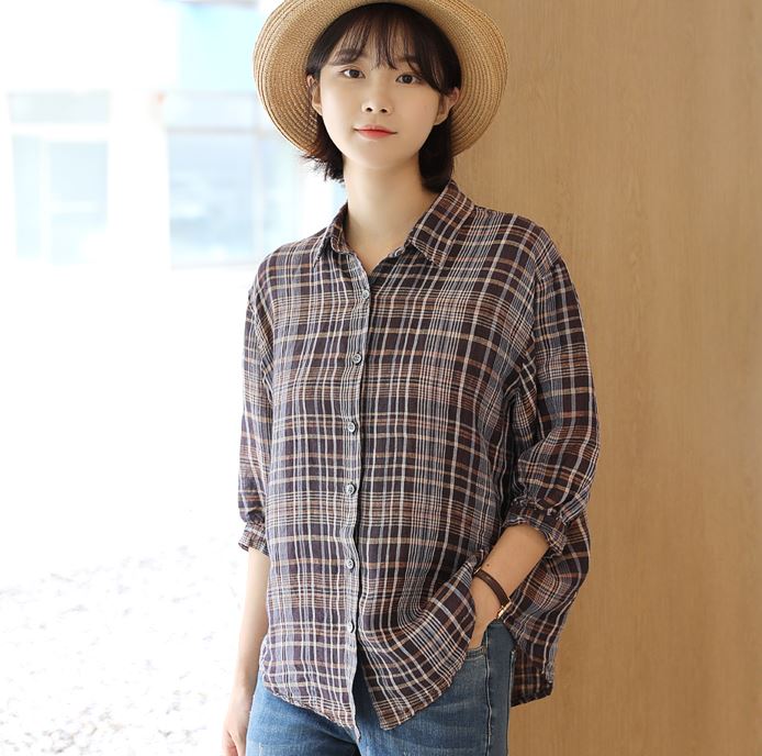 [韓国ファッション]シャーリングスリーブ チェック柄 リネンシャツ（7分袖）