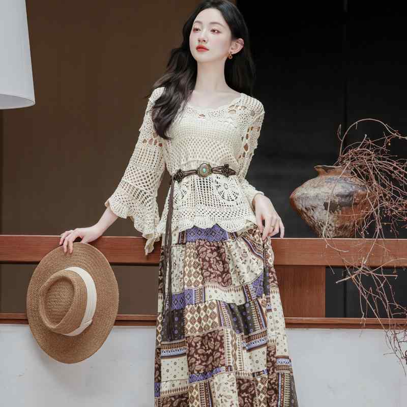 レディース ファッション 初秋 リラックス シースルー コーデ一式 観光 旅行 トップス スカート ベルト ３点セット リゾート感 異国感 ラウンドネック 長袖 マルチウェイ