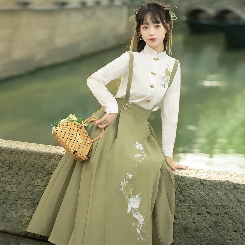 在库限りです! 【フルセット】デザイン緑新韓国韓cos要素刺繍長袖ロングスカート