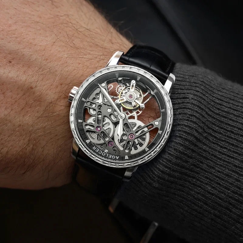 メンズアゲロカー飛行機ジャイロスコープ中空手動機械式時計防水ラインストーン腕時計フライトホイール - 1511