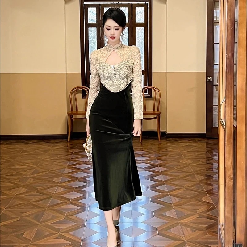 新中国風改良チャイナドレスレースドレス2024秋冬新作長袖ベルベットドレス20992