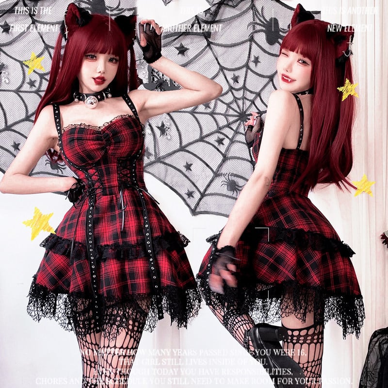 ハロウィン Y2K チェック柄 レース 切り替えし ゴシック 学園祭 文化祭 ワンピース