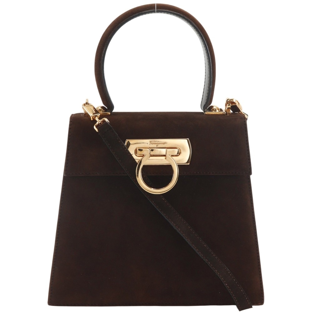 Salvatore Ferragamo サルヴァトーレフェラガモ ガンチーニ 2WAYショルダー ハンドバッグ スウェード 茶 レディース 中古品