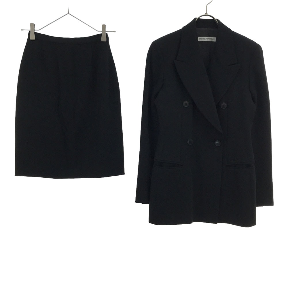 90s イタリア製 ウール スカートスーツ 上下セットアップ 38 ブラック オールド レディース