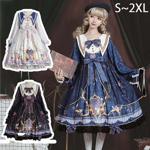ロリータ クラロリ ワンピース ゴスロリ 病みかわ デカ襟 Aライン 宮廷ドレス リボン Lolita レディース コスチューム 衣装 かわいい フリル 仮装 パーティー イベント ファッション ネイ