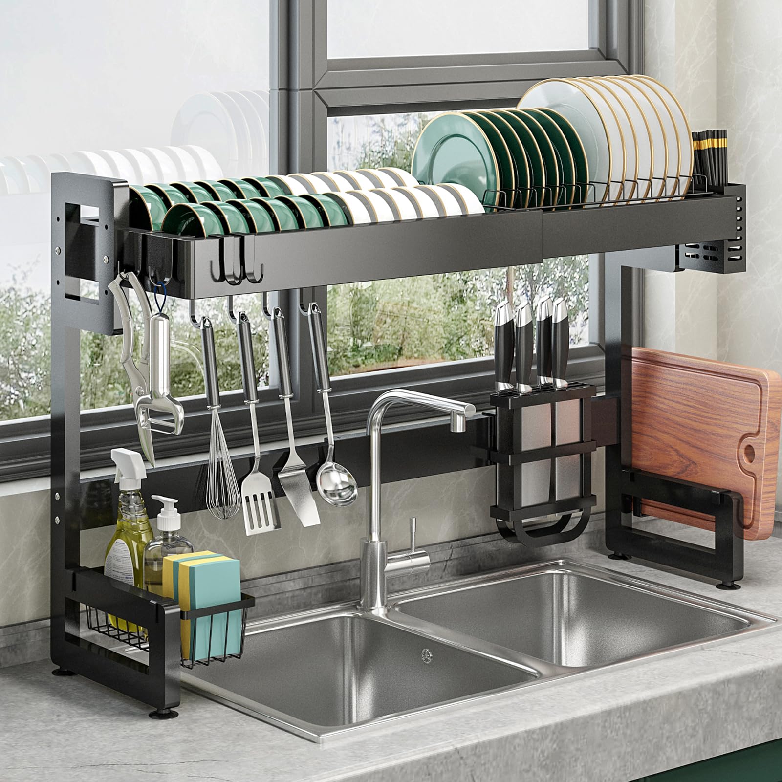 SVOHZAV 水切りラック 食器 シンク上 横置き 食器乾燥 錆びない 洗い物ラック 2段式 大容量 ディッシュラック キッチン 水切りカゴ 水が流れる 皿立て 多機能収納 包丁スタンド まな板立て