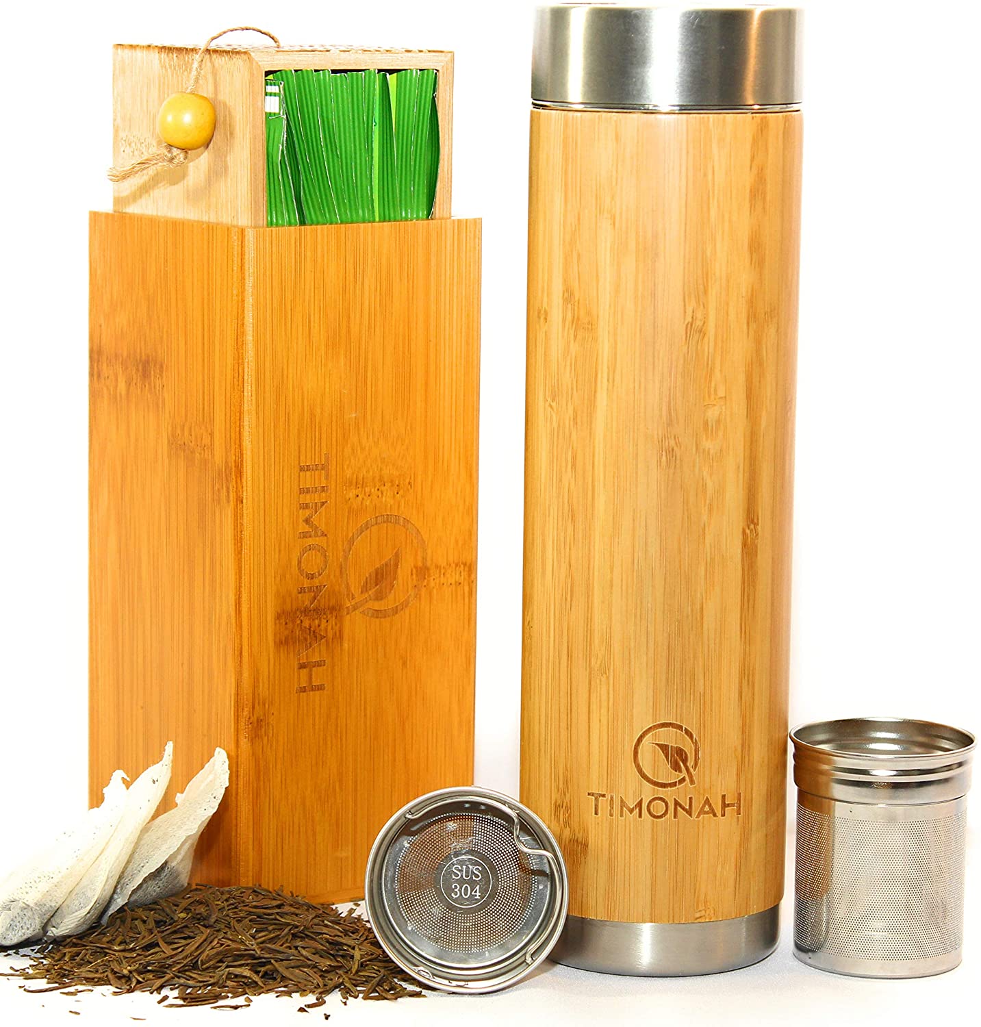 [アメリカ直送] [信頼できる商品] 紅茶注入器付き断熱旅行用ティーマグカップ:竹製外装蓋付き二重壁