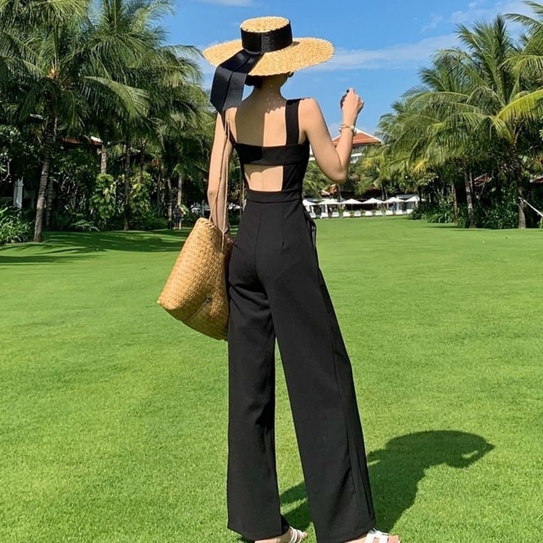 XL ジャンプスーツ リゾート オールインワン 夏 ノースリーブ OL 脚長 体型カバー ブラック L バックオープン タイト バックコンシャス バックシャン レジャー 細身 ロンパース サロペット