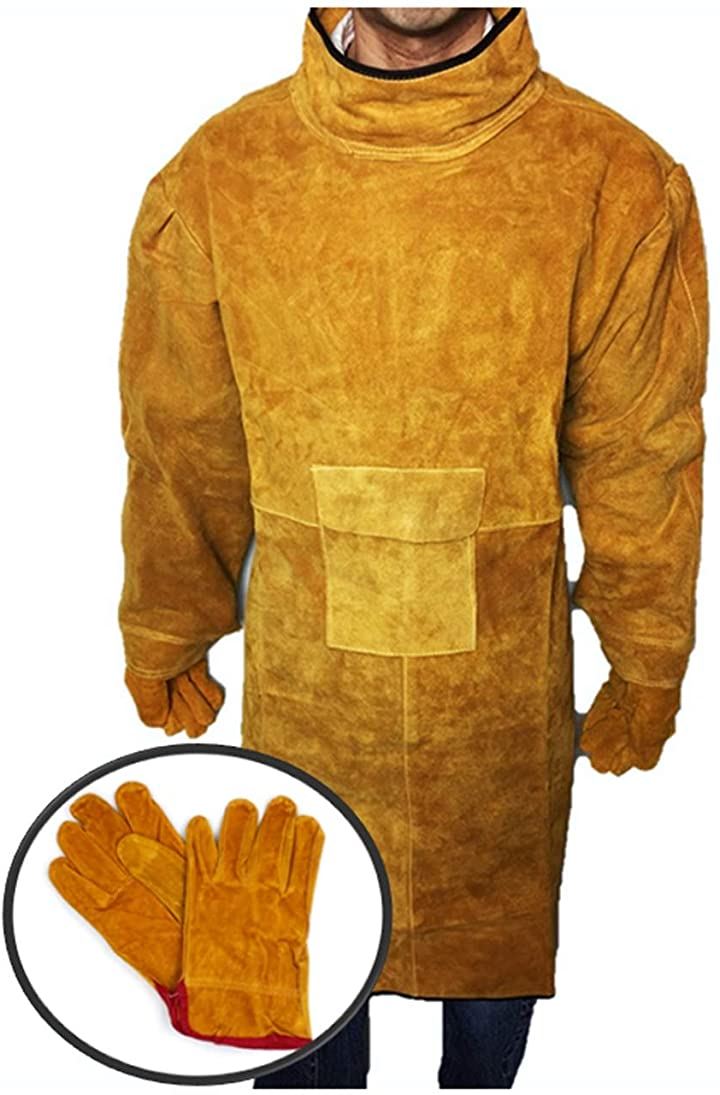 全長 115cm 耐熱 溶接用 エプロン 牛革 大判タイプ ツールポケット 防炎 作業服 保護用 やけど 火の粉 対策 に(耐熱エプロン:02)