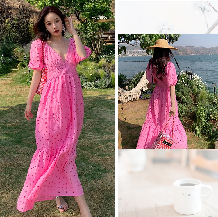 Vネックパンチングレースワンピース サマードレス ゆったり ハイウエスト マーメイドワンピース ワンピース ドレス レディース 夏 海 バケーション パンチングレース 綺麗 可愛い ピンクワンピース