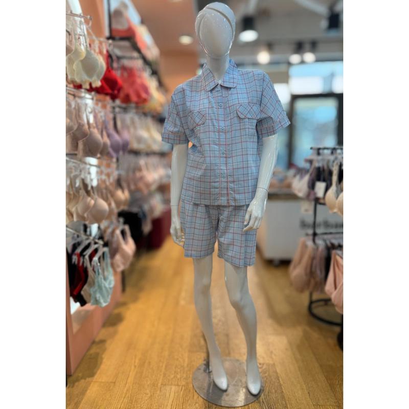[坡州店] 純綿チェックパターン 女性半袖パジャマセット WP582