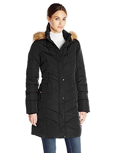 【受注生産品】 Down Quilted Chevron Long Womens Hilfiger Tommy Coat Medium Black, Hood, Trim Fur with ダウンジャケット・コート