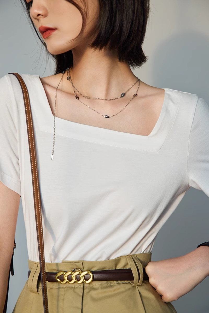 スクエア カラー トップ 女性 夏 フレンチ スタイル シックなデザイン 純綿 インナー ゆったり 体型 カバー 白 薄い 半袖 トップス Tシャツ 白シャツ 袖あり 半袖 スクエアネック かわいい