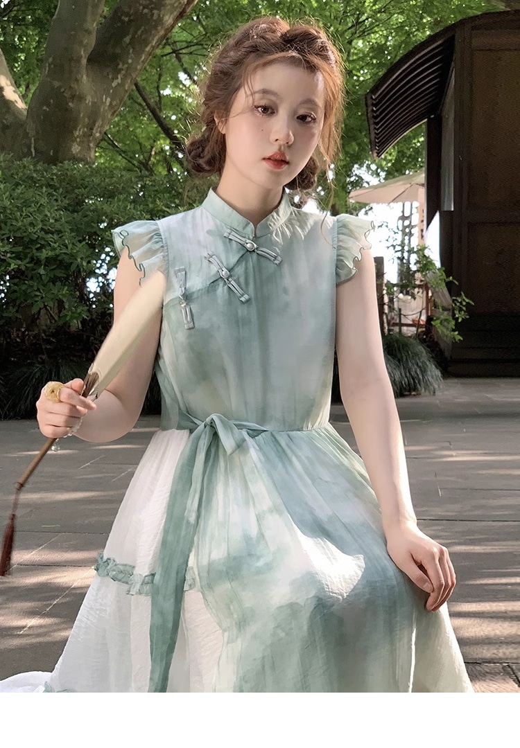 夏 青 緑 ドレス プラスサイズ 女性 個性的 ワンピース 膝下 袖なし ノースリーブ 襟なし かわいい 大人可愛い きれいめ 大人 上品 おしゃれ お洒落 柄 春 夏 結婚式 二次会 10代 20代