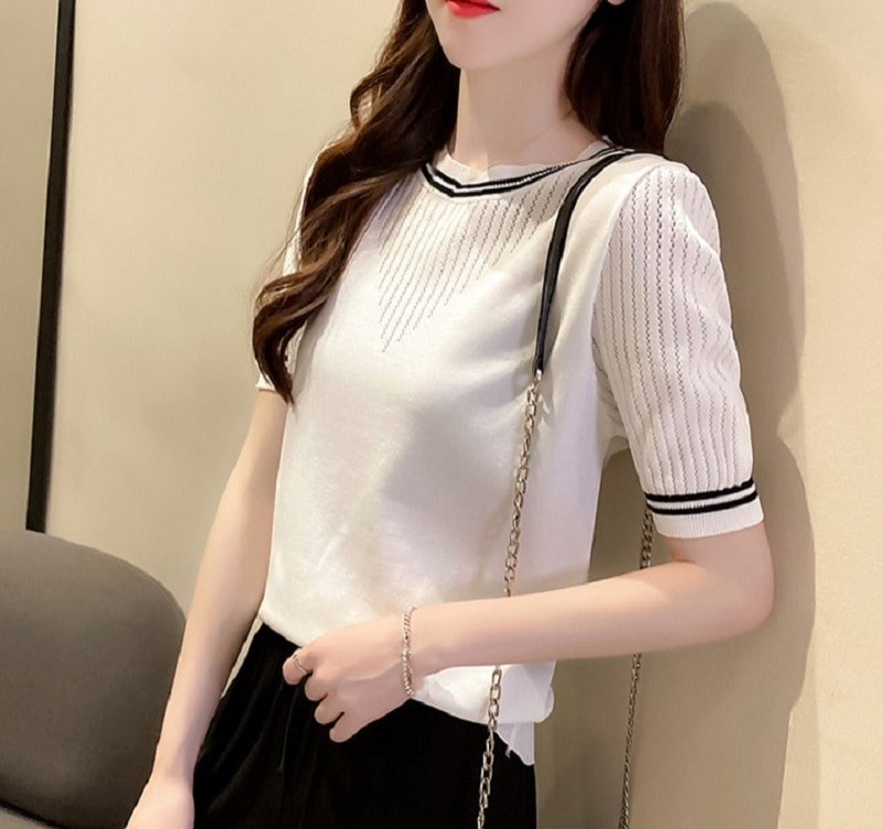 トップス シャツ ニットソー 袖あり 半袖 Uネック スリム ニット 大人 おしゃれ お洒落 大人女子 エレガント 無地 春 夏 秋 冬 レディース ビジネス デート お出かけ 女子会 休日 旅行