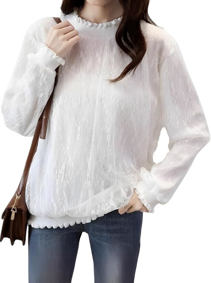 レース ニット トップス レディース ハイネック 40代 上品 カジュアル お洒落 オフィス ストレッチ 通勤(ホワイト, M)