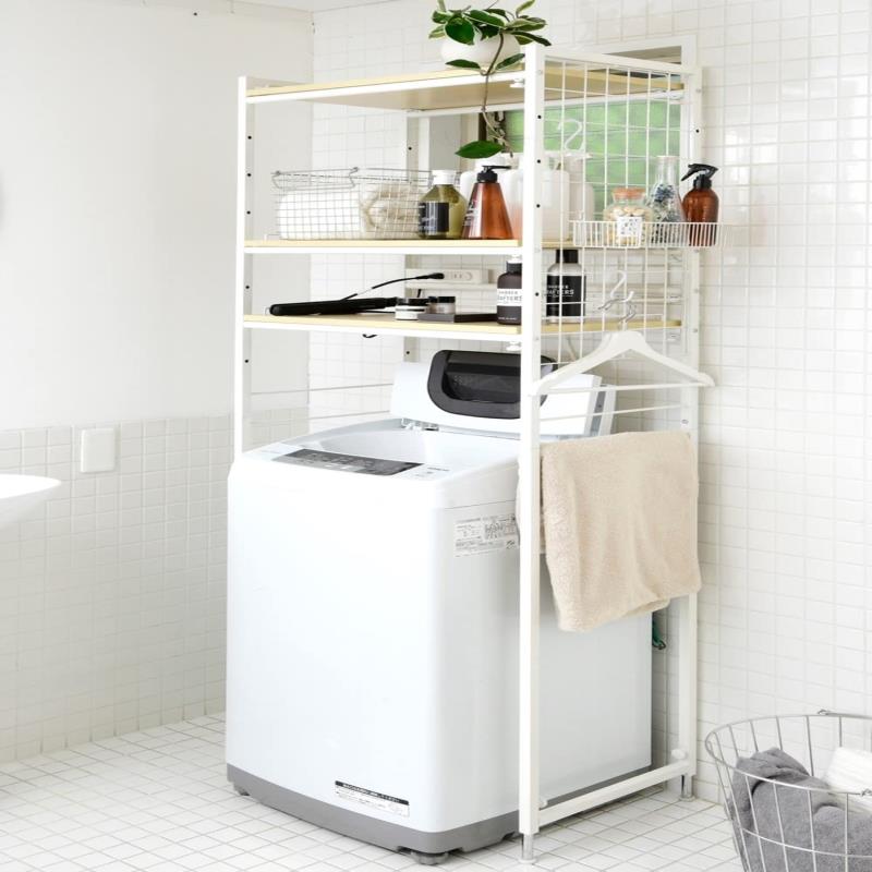 山善(YAMAZEN) ランドリーラック (2口コンセント付き) 幅65.5-90.5×奥行40.5×高さ180/185/190cm 後から設置できる ミニバスケット・S字フック・ワイヤーネット付き