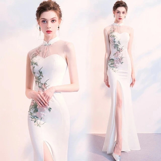 【限定販売】マーメイドドレス スリット チャイナドレス 刺繍 キレイめ ロングドレス マーメイドライン ノースリーブ イブニングドレス サテン ドレス 白 ホワイトドレス ロング丈 パーティードレス