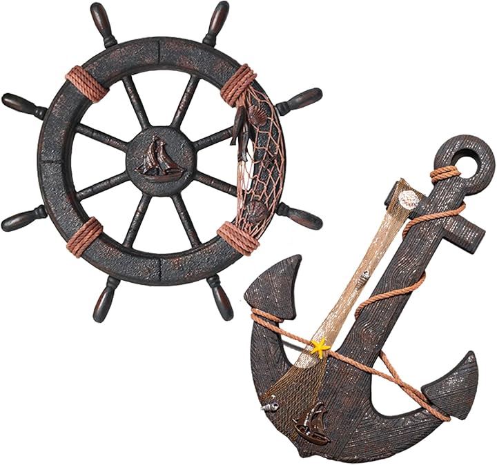 海賊 オブジェ 舵 ＆ 碇 木製 かじ いかり 舵輪 船舵 錨 アンティーク 網タイプ( ブラウン)