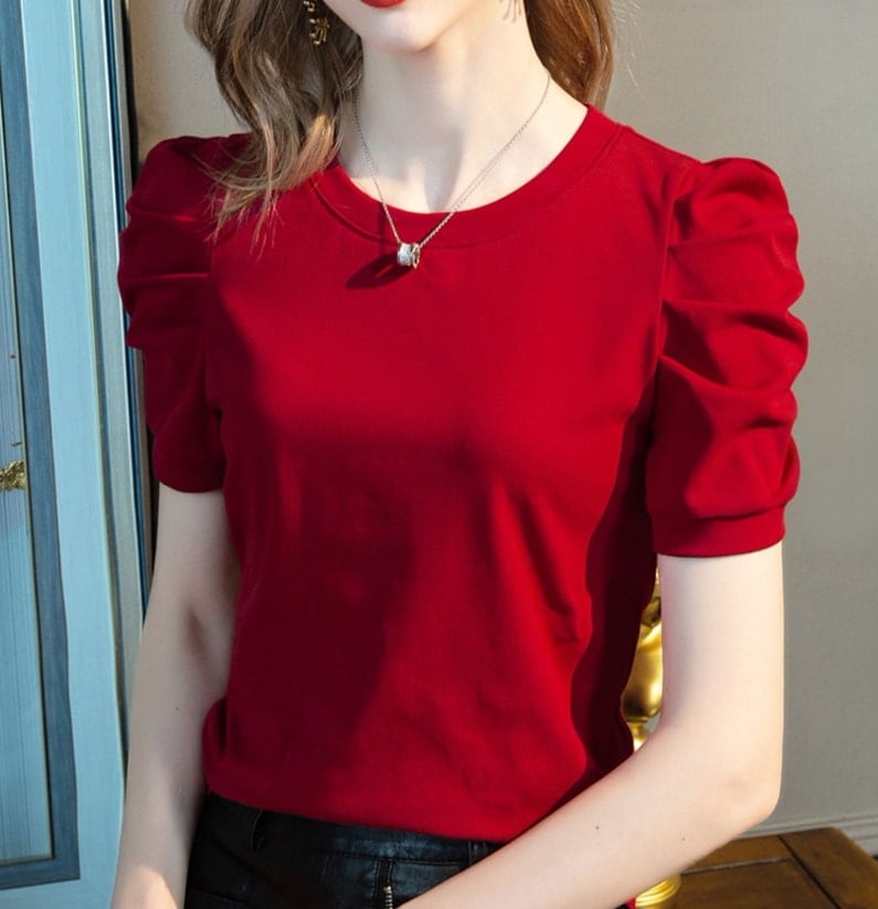 トップス Tシャツ カットソー ショート ショート丈 半袖 パフスリーブ ラウンドネック スリム ストレート 伸縮性 かわいい 大人可愛い きれいめ シンプル 大人 上品 おしゃれ お洒落 大人女子