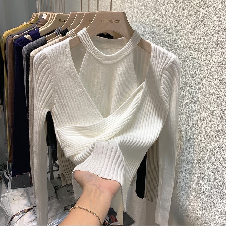 トップス ニットソー セーター 袖あり 長袖 Vネック ラウンドネック ニット 2点セット きれいめ シンプル カジュアル 大人 上品 おしゃれ かっこいい 大人女子 こなれ感 クール セクシー