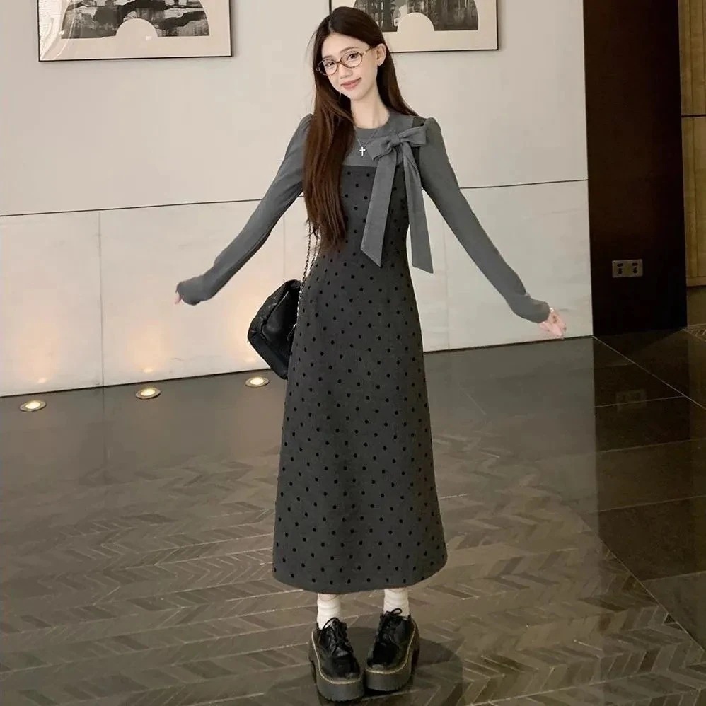 立体蝶結び偽2枚綴りグレードットワンピース女の雰囲気腰を収めて細く見えるa字ロングスカート ワンピース