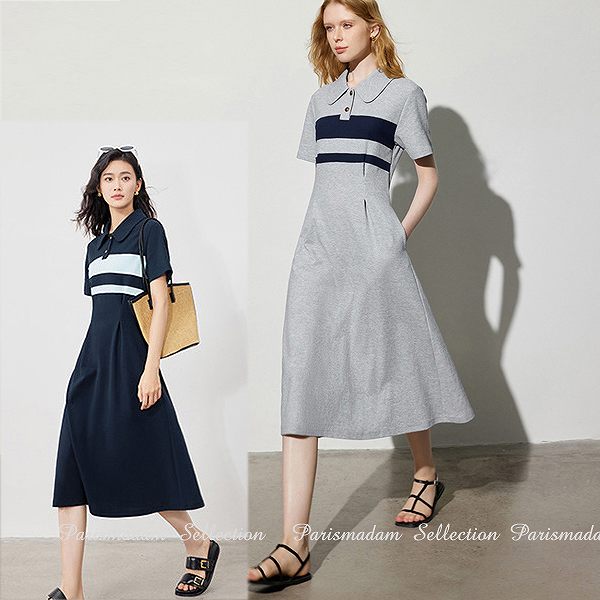 コスパ最高Aラインワンピース　ポロワンピース　ひざ下丈　半袖　ストライプ　大きいサイズ有り S-XXL 女子会細く見える通勤通学20代30代40代50代60代