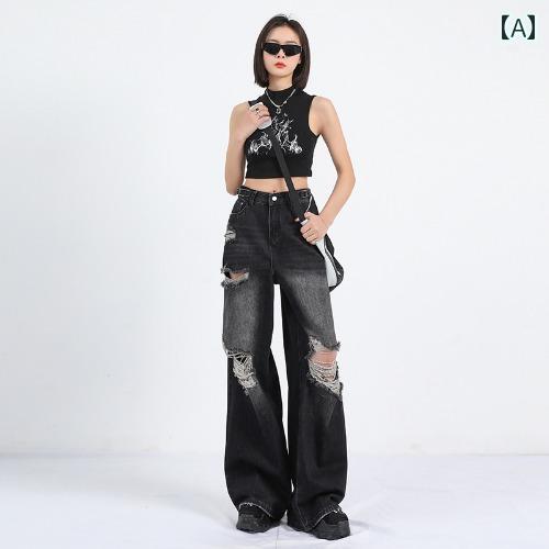 デニムパンツ レディース ダメージ ジーンズ クラッシュ ボトムス ストリート 夏 ストレート ワイド パンツ ブラック グレー