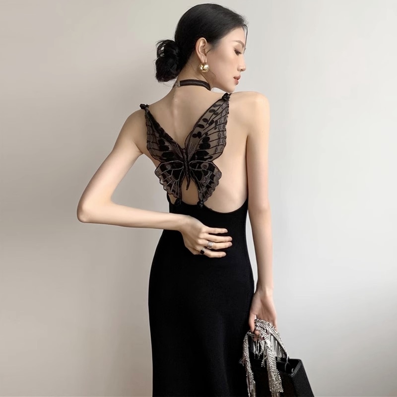 バタフライドレス キャミソールワンピース スペンダードレス レディース ワンピース ドレス 結婚式 パーティー お呼ばれコーデ ブラックドレス ブラックワンピース セクシー 綺麗め a4991