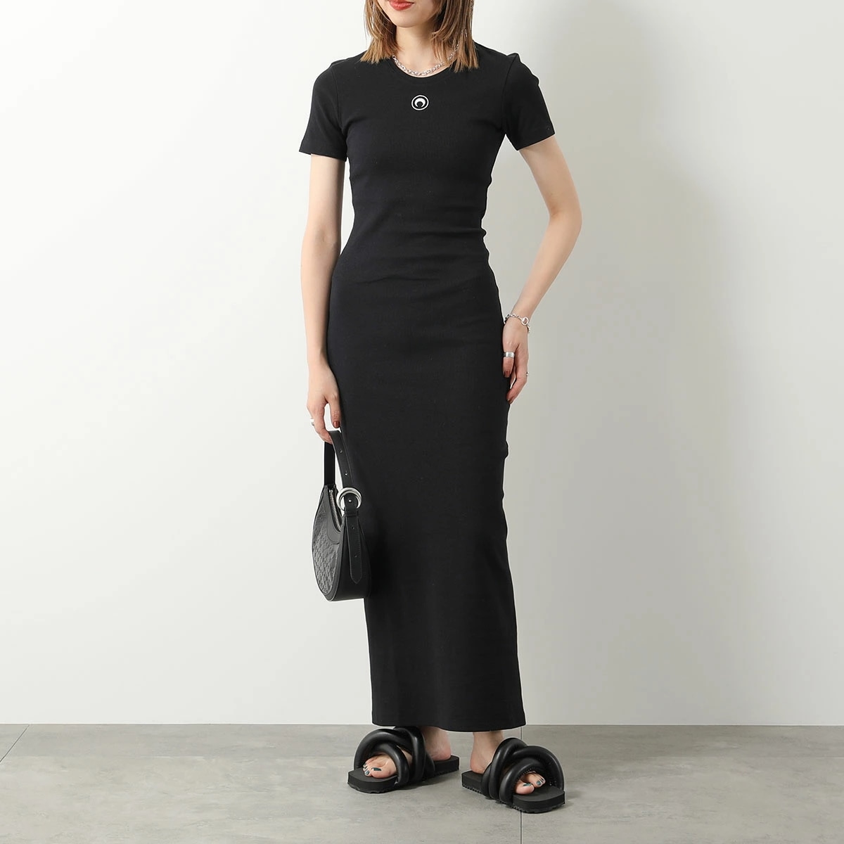 Marine Serre マリーン セル ワンピース Organic Cotton Rib Tube Dress WDR057 CJER0011 レディース 半袖 ロング丈 三日月 モチーフ BK99