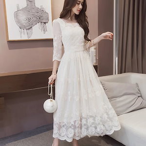 2024新品発売レース 白ワンピース ドレス 刺繍 パーティー ロング パーティードレス 白ドレス 姫系 ワンピース