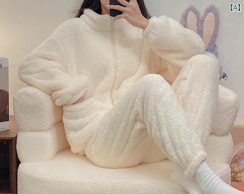 ルームウェア レディース パジャマ 部屋着 ガーリー コーラルベルベット フランネル 秋冬 長袖 ジッパー ラウンジウェア セット ベージュ ブルー ピンク