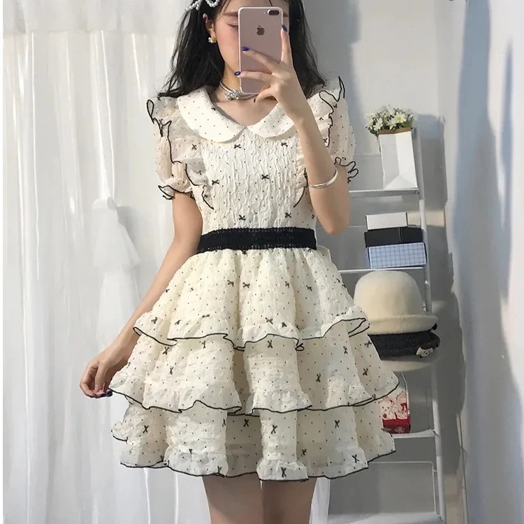 【急速出荷】無.料 甘い 年齢減り見え 水玉 ショートスカート 新作 可愛い ウエスト絞り スリム ふわふわプリンセスケーキワンピース ロリータ