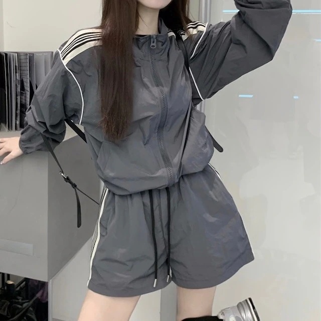 春夏セットアップ トップス 長袖 ジャージ ジップ チャック ショートパンツ 春 ゆったり グレー 韓国ファッション レディース お出かけ