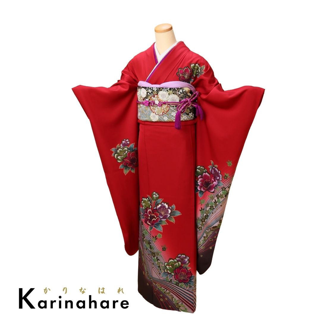 結婚式結納レンタル臙脂色に裾元を紫色で引き締めシンプルヴィンテージ感を漂わせる振袖成人式振袖セットF622-108S