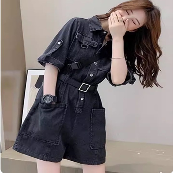 オールインワン レディース ショート 膝上 半袖 襟付き ワイド ベルト ウエストマーク ポケット デニム ブルーデニム かわいい 大人可愛い きれいめ シンプル カジュアル おしゃれ こなれ感 ラフ