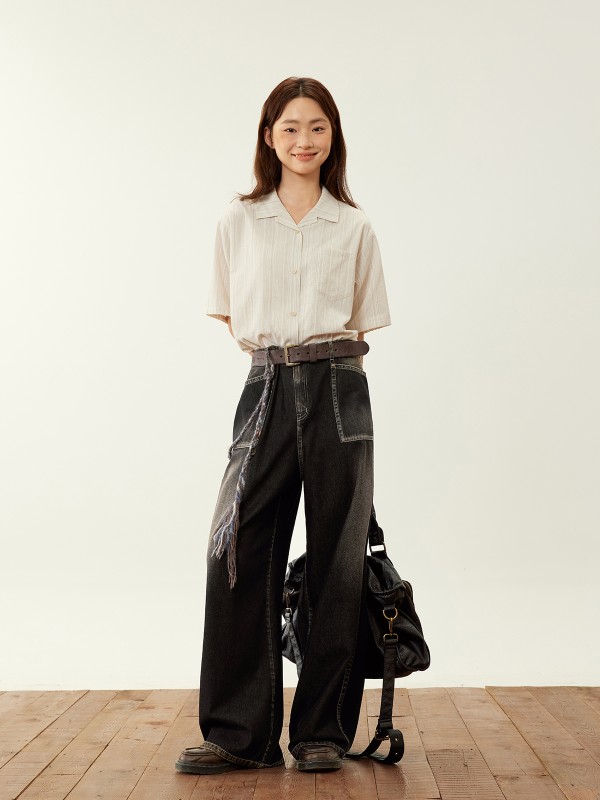 日本製キューバカラーストライプ半袖シャツトップスレディース用レトロブルーシャツ