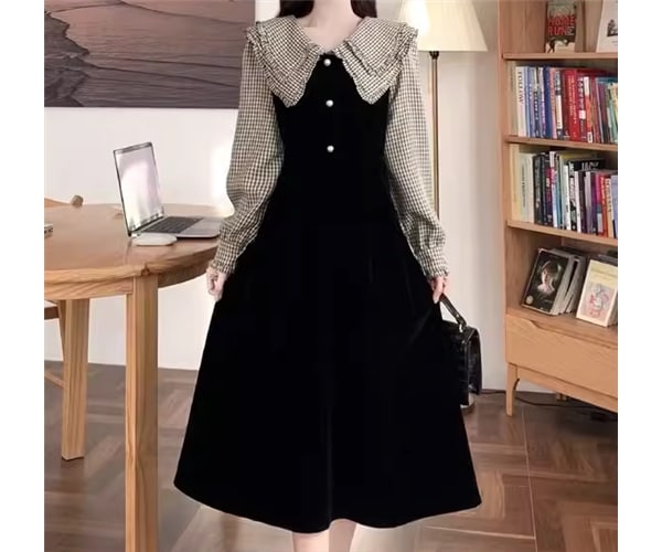 レディース ワンピース プルオーバー 膝下 ミモレ 長袖 襟付き フェミニン フリル かわいい 大人可愛い きれいめ 上品 おしゃれ レトロ ガーリー エレガント ラブリー キュート ロリータ