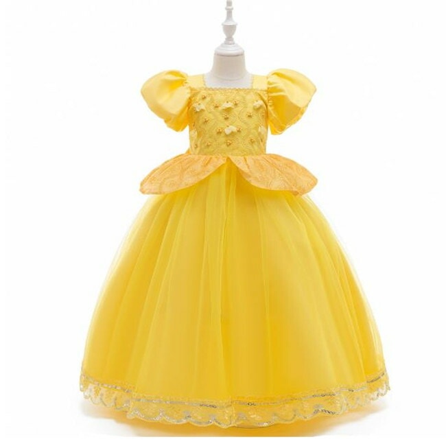 イエロー110-150cm マキシ丈ロング丈　ロングドレス　スカート　半袖 袖なし キッズドレス　子供ドレス ワンピース　子供ワンピース　ワンピ　　女の子　ジュニア　ピアノ発表会　パーティー　七五