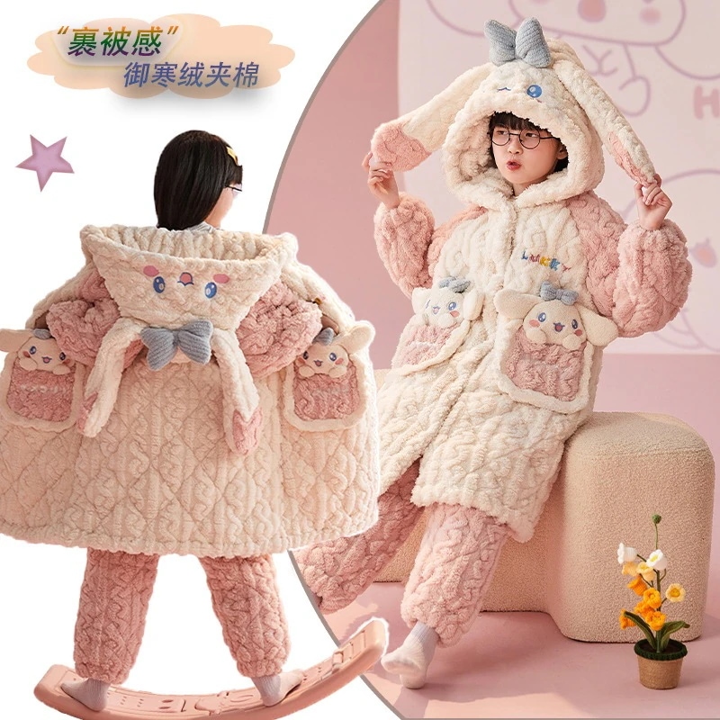 冬の女の子用パジャマ綿入りスリーパーセット3層厚手保温中大人の女の子用アニメ玉桂犬の部屋着