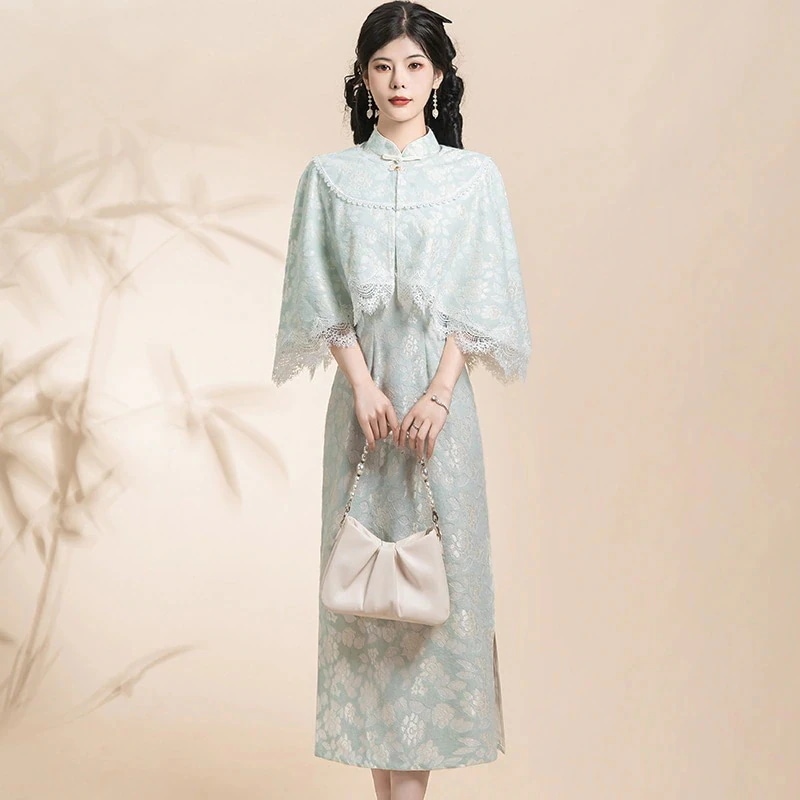 新作 チャイナドレス ケープ付き チャイナワンピース スリット レトロドレス パーティー フォーマル 演奏会 成人式 新中式