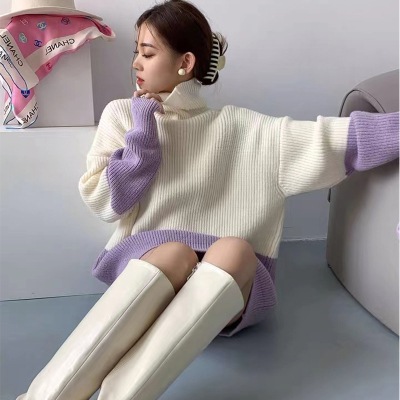 バイカラーセーター タートルネックセーター レディース 秋冬 ルーズ プルオーバー コントラストカラー ニット セーター ニットワンピ 可愛い オシャレ D259