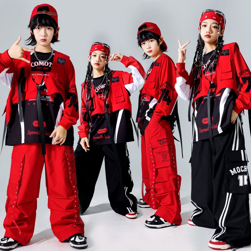元旦の子供の赤い街のダンスのショーの服装の男の子のヒップホップの街のスーツの子供のhiphopの子供服の公演服