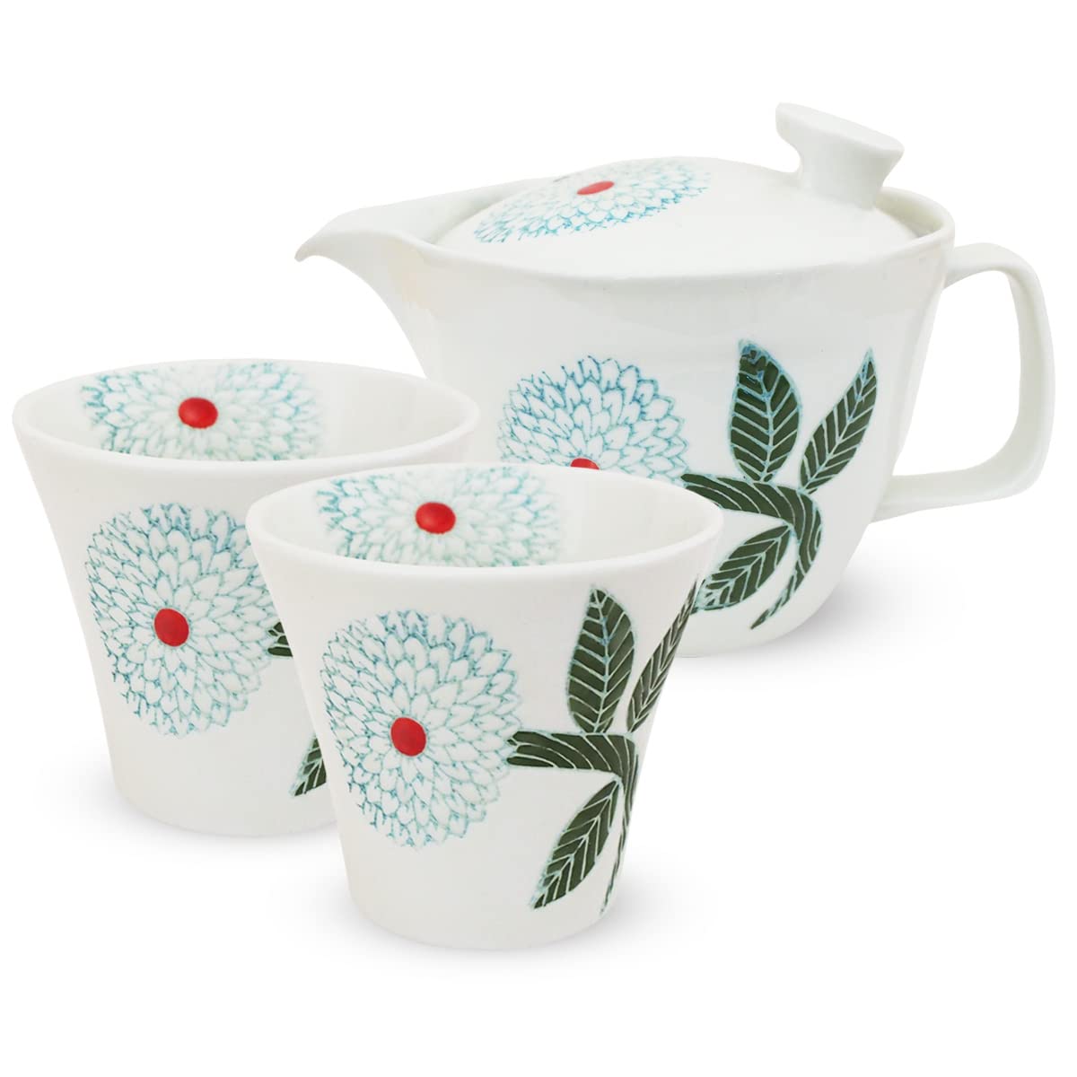 J-kitchens 勲山窯 急須セット L 波佐見焼 日本製 (急須 ペア湯呑み 茶器 セット) 385ml 180ml 2人用 ~ 3人用 茶こし付き ダリア プレミアム