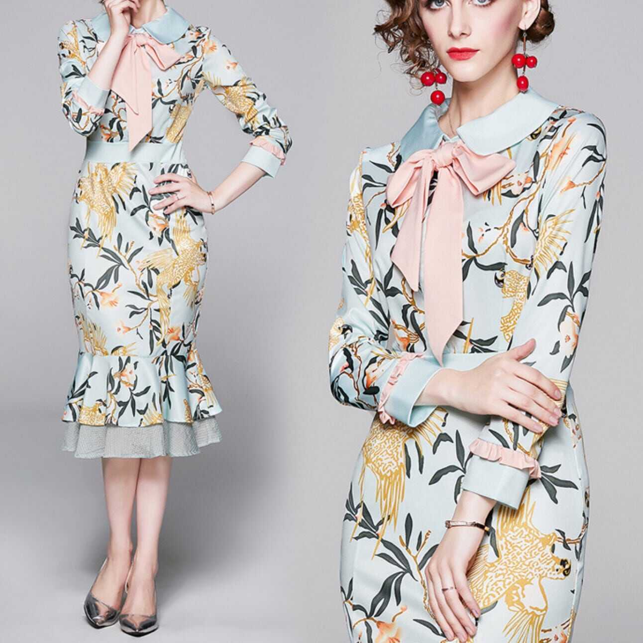 ワンピース 上着 人気 おすすめ おしゃれ お洒落 激安 安い プチプラ ブラウス 長袖 ロング スタンドカラー　襟 ウエスト 柄 ロングスカート マーメイド フリル プリント 花柄 lon