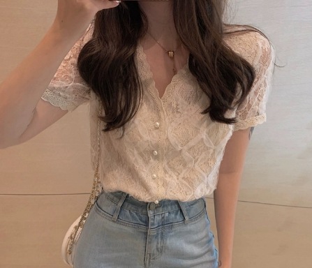 レディース トップス シャツ 半袖 Vネック フェミニン レース フリル 異国風 メッシュ 薄手 かわいい 大人可愛い きれいめ シンプル カジュアル 上品 おしゃれ ガーリー エレガント ラブリー